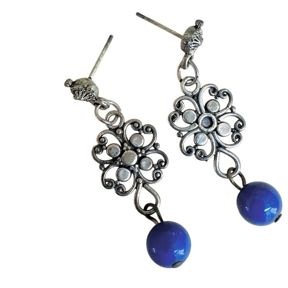Vintage Sterling Silver Filigree Earrings with Cobalt Blue Beads